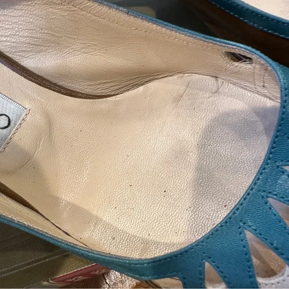 Jimmy Choo | 8 | Slingback Pumps Brown Teal Cutout Leather Pointed Toe 3” Heel - Picture 7 of 16
